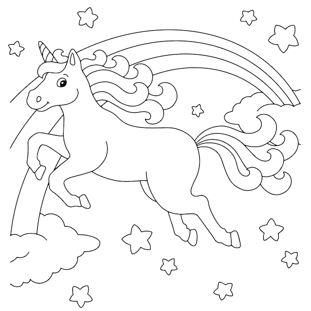 Premium vector magic unicorn fairy horse coloring book page for kids cartoon style character vector illustration isolated on white background