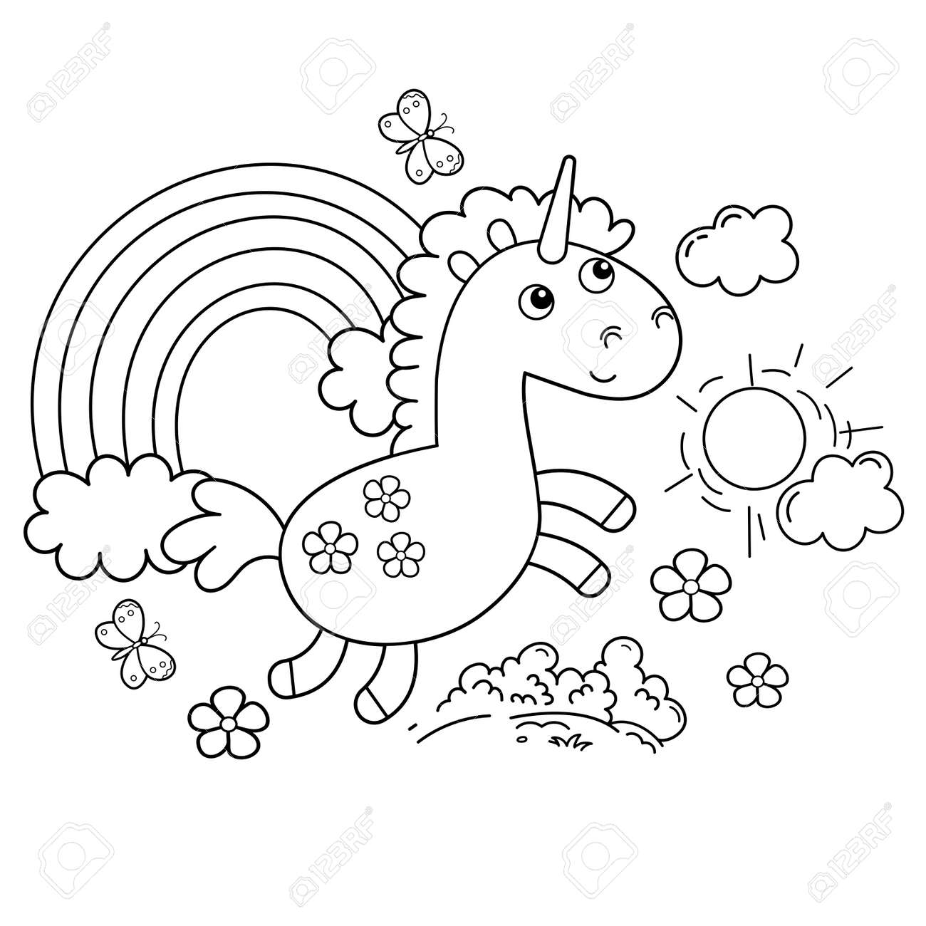 Coloring page outline of cartoon lovely magic unicorn fairy tale hero or character coloring book for kids royalty free svg cliparts vectors and stock illustration image
