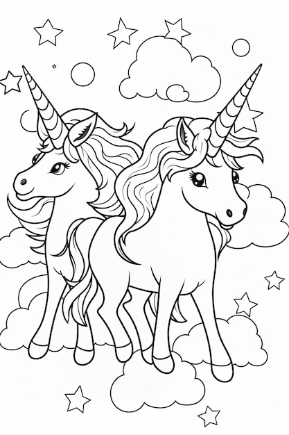 Premium ai image coloring book of cute unicorn with cloud and rainbow black and white pattern coloring page for kids