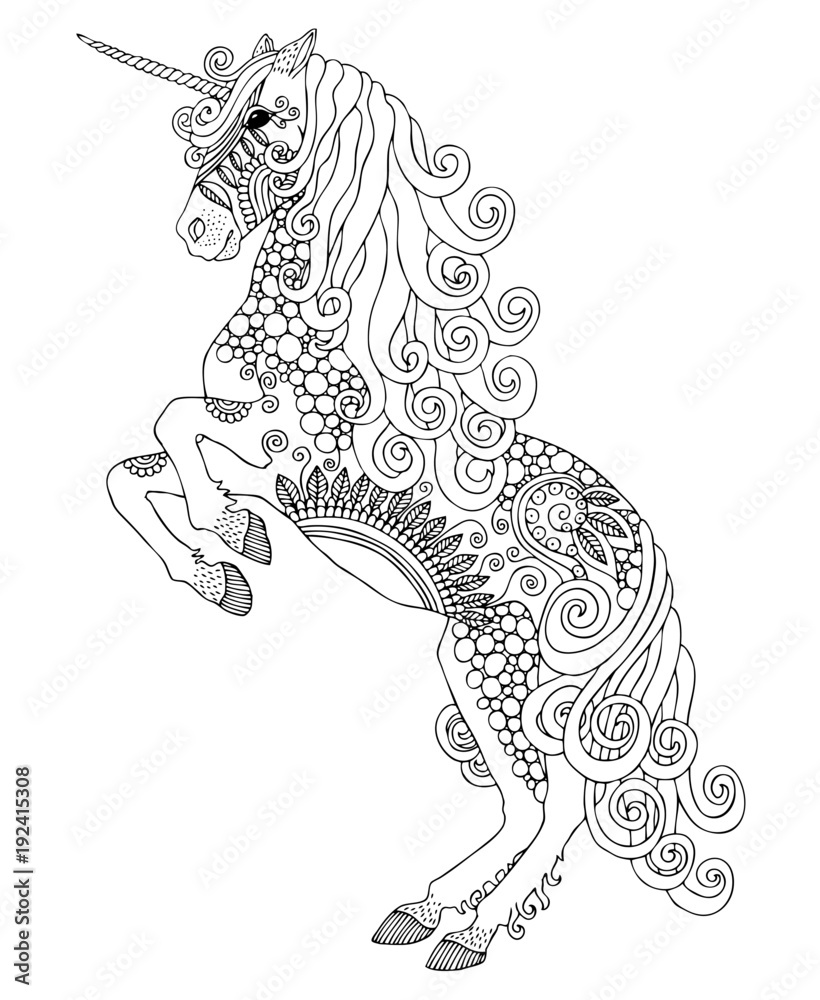 Unicorn hand drawn fantasy horse sketch for anti