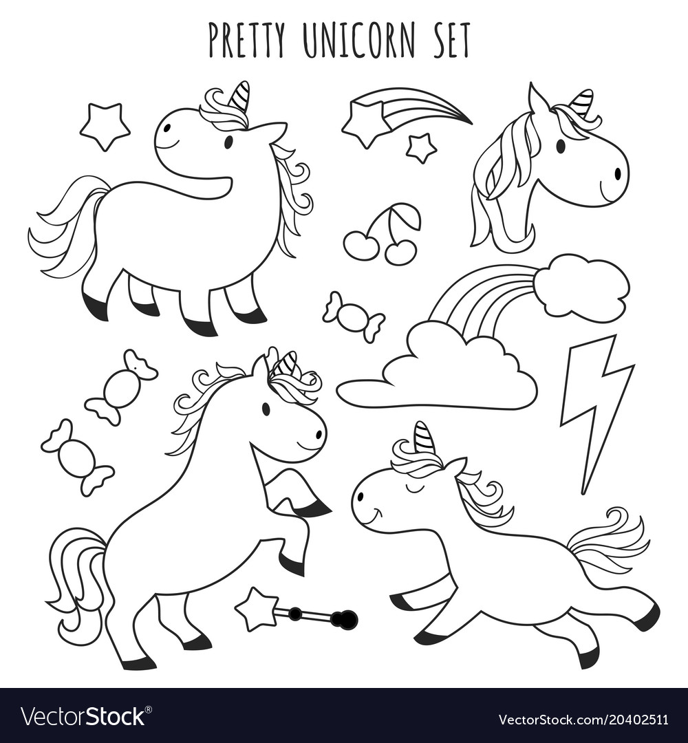 Kids coloring page unicorn set for book royalty free vector