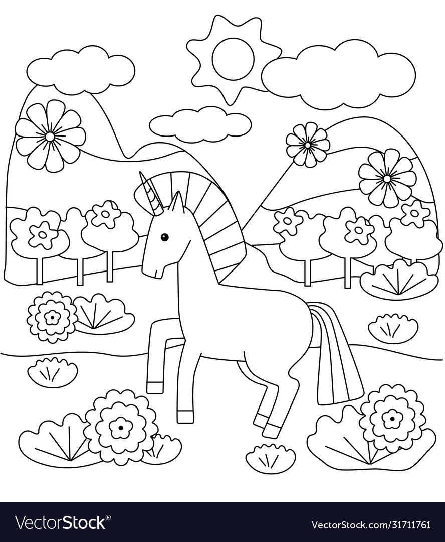 Kids coloring book with cute unicorn and flowers vector image