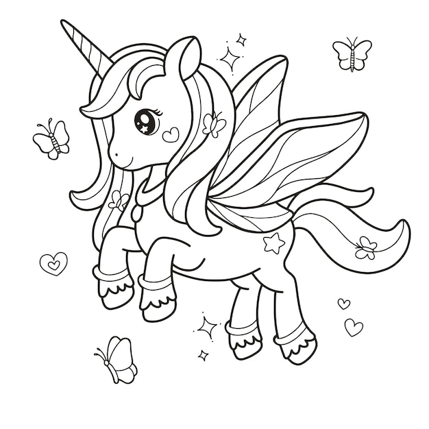 Premium vector unicorn butterfly printable coloring page