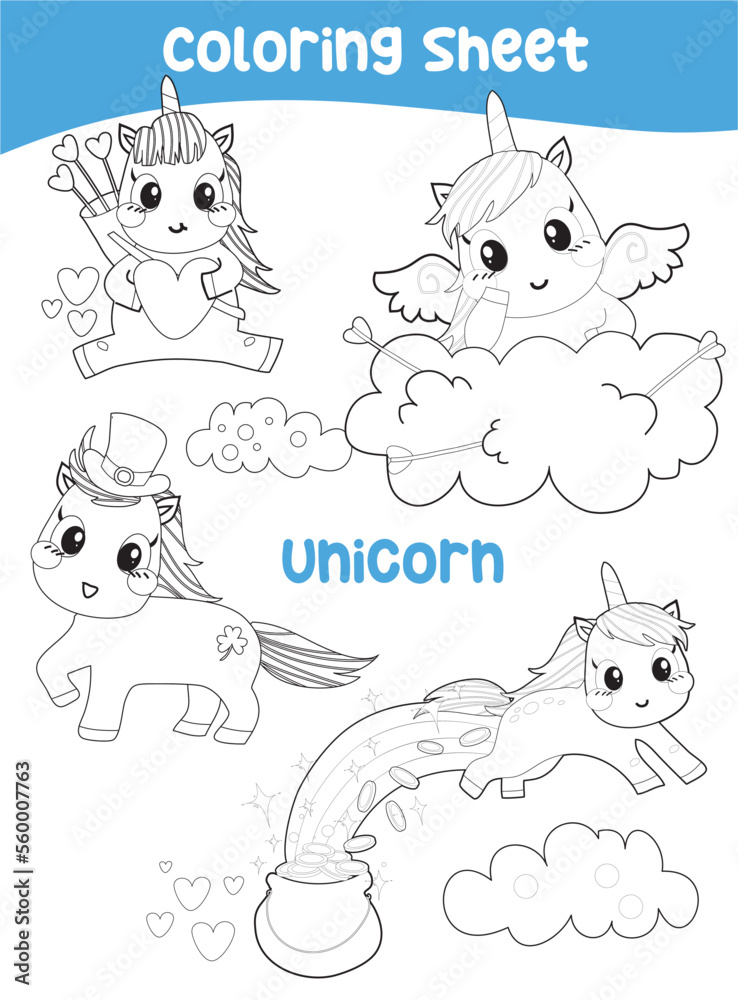 Educational printable coloring worksheet cute unicorn illustration vector outline for coloring page vector