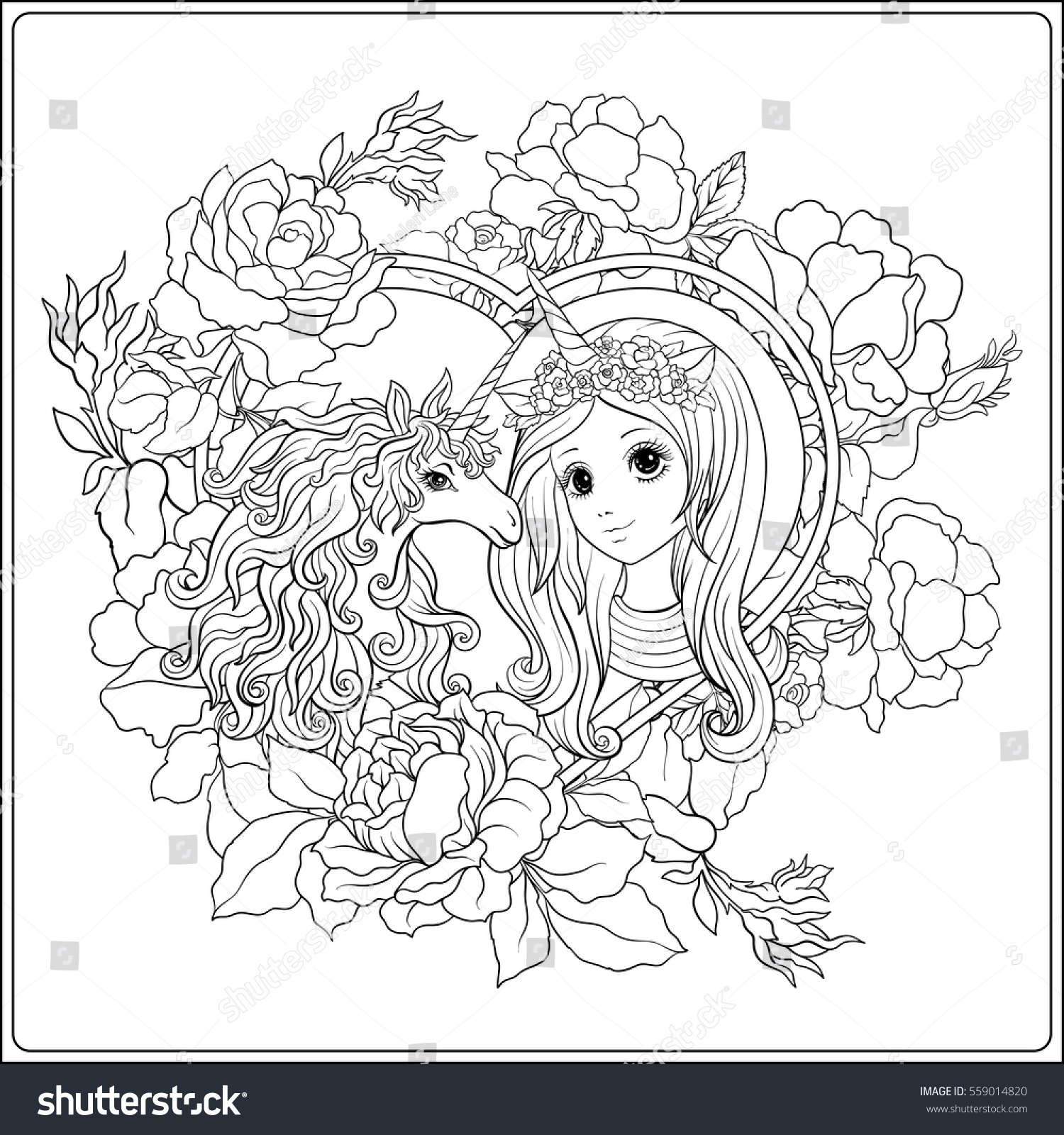 Cute girl unicorn roses garden outline stock vector royalty free
