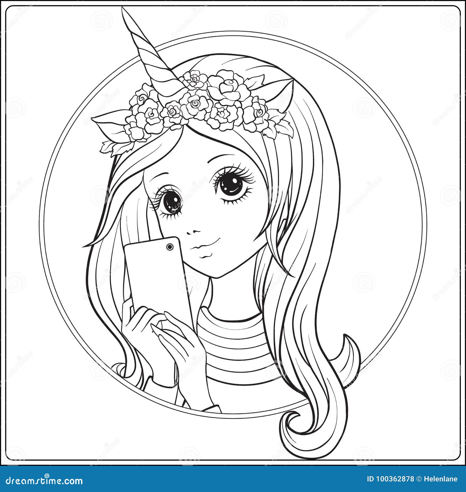 Young nice girl with long hear and unicorn horn and roses on her stock vector