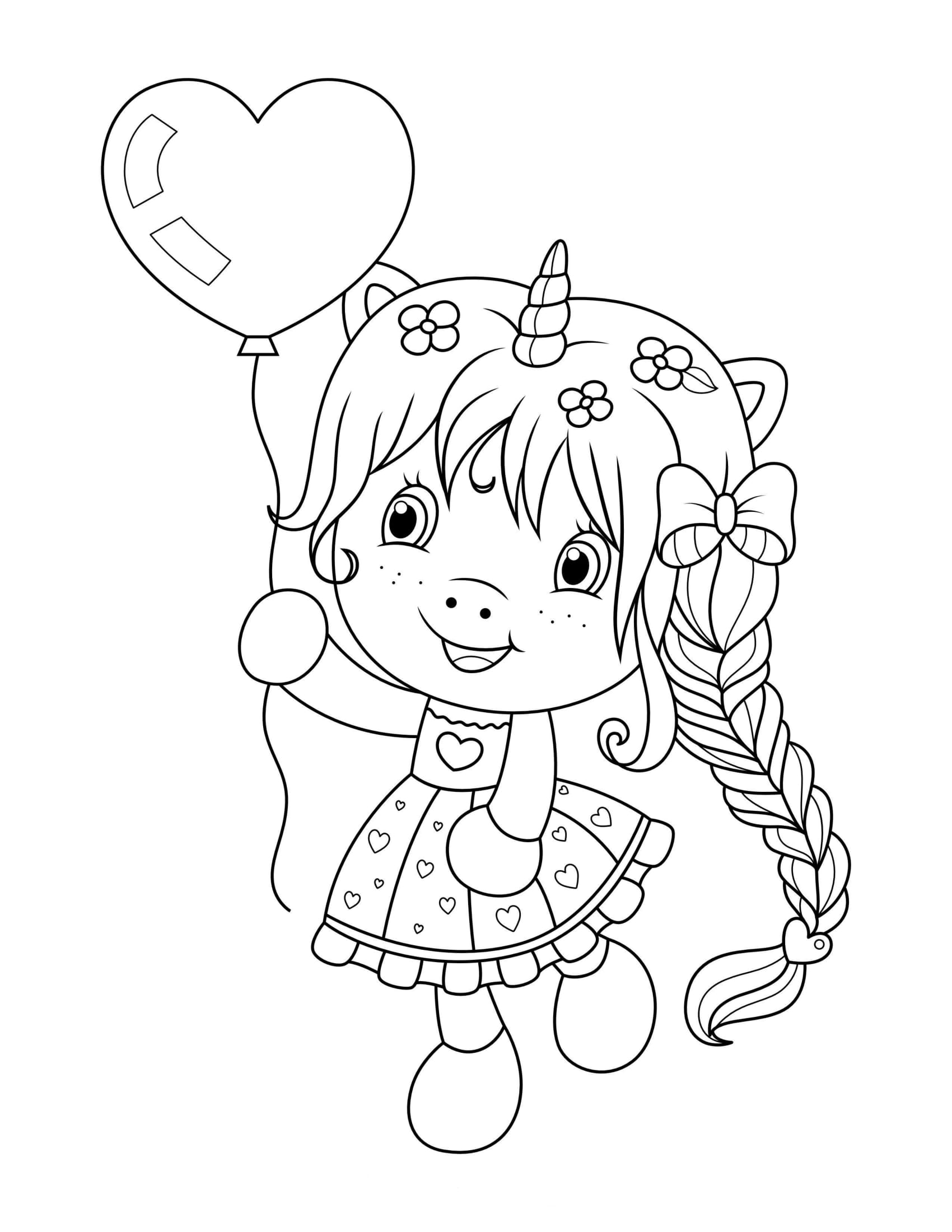 Unicorn girl with a balloon coloring page
