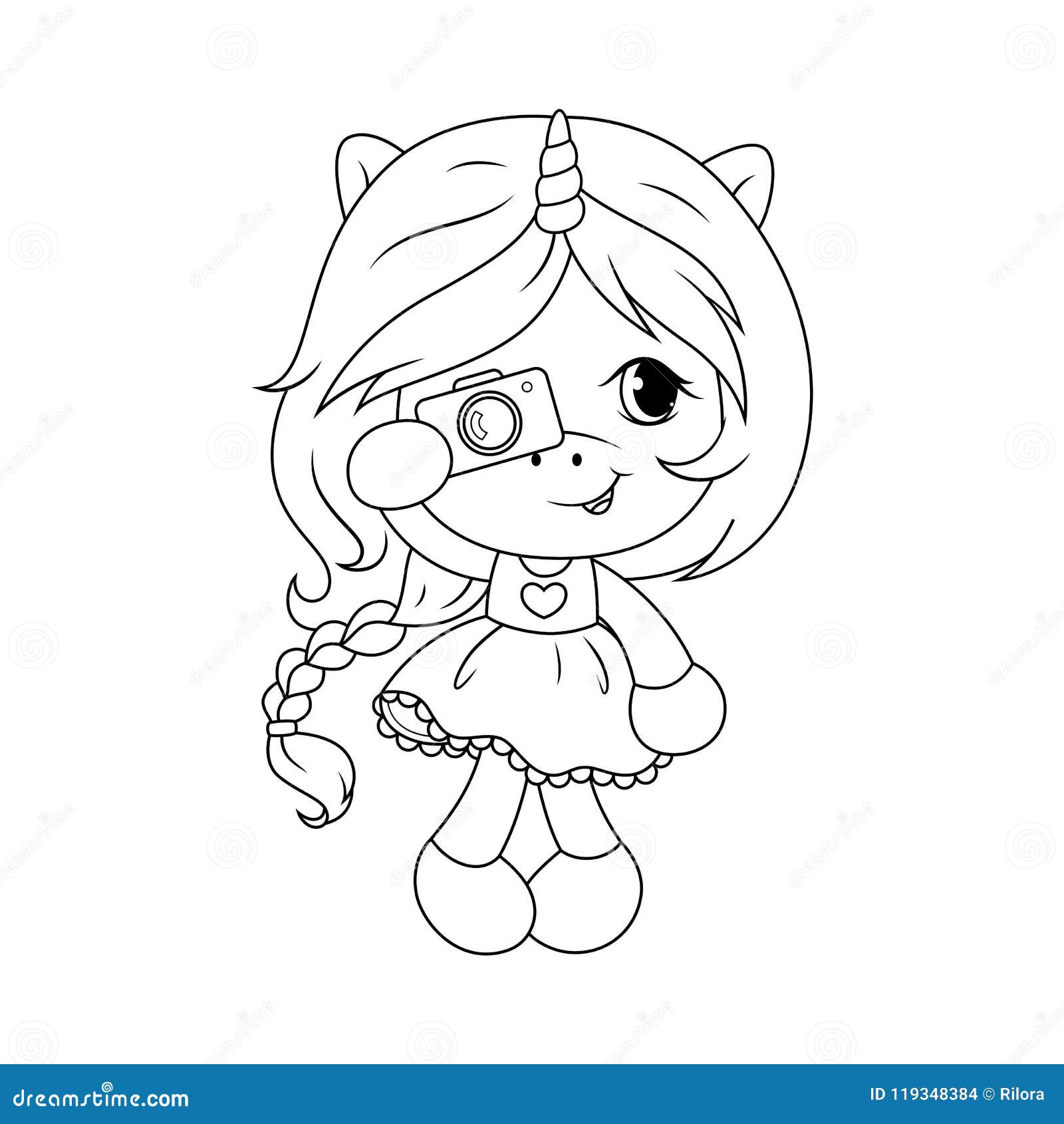 Cute baby unicorn with camera coloring page for girls vector stock vector