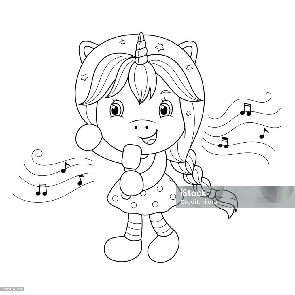Singing unicorn girl with microphone coloring page for girls vector stock illustration