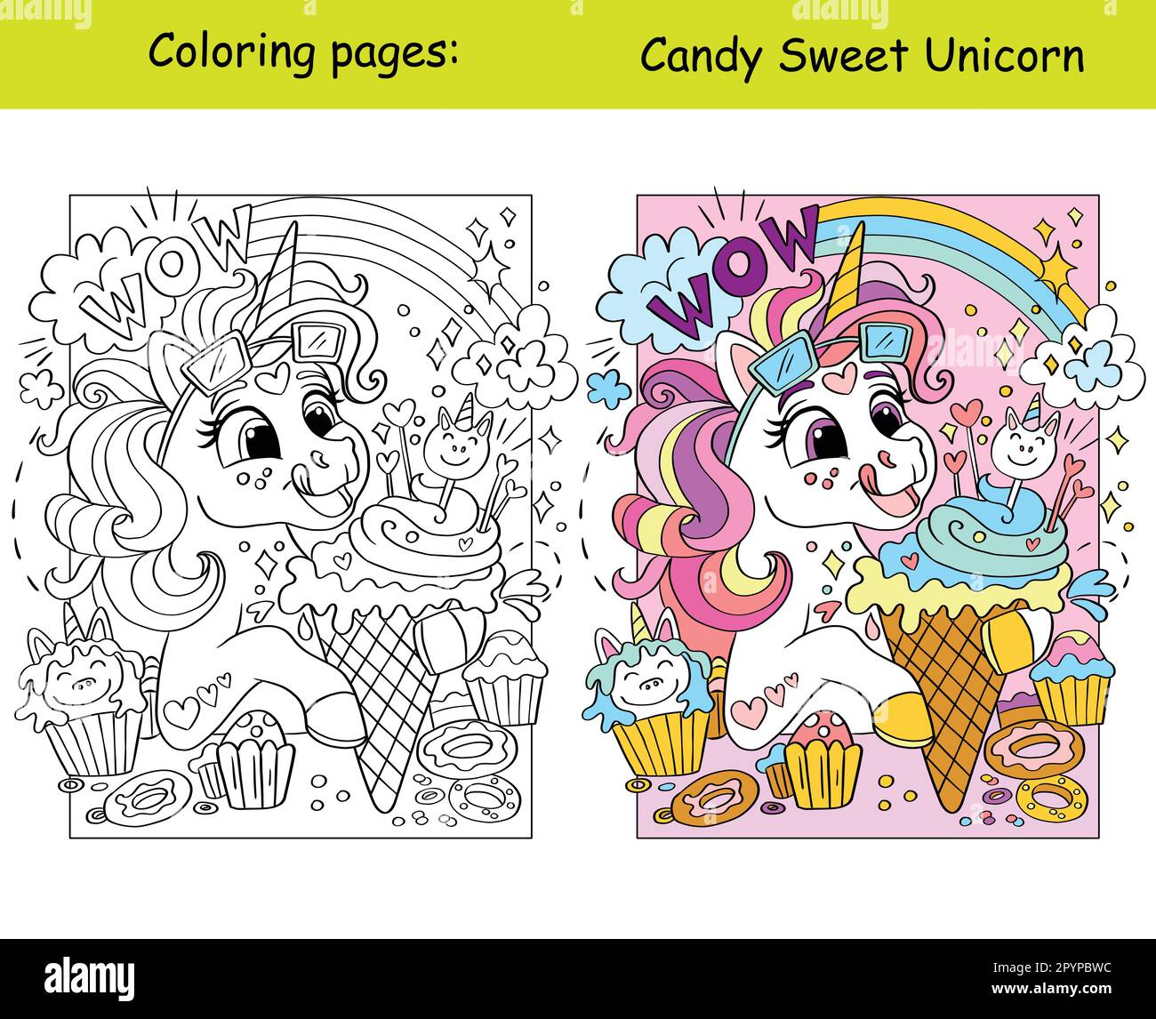 Cute beautiful unicorn girl eats tasty ice cream with lettering wow cartoon vector illustration kids coloring book page with color template for col stock vector image art