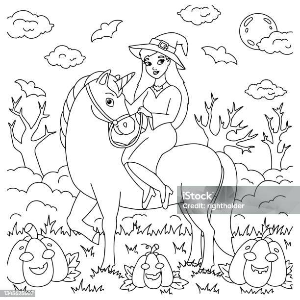 The witch rides a unicorn coloring book page for kids cartoon style character vector illustration isolated on white background halloween theme stock illustration