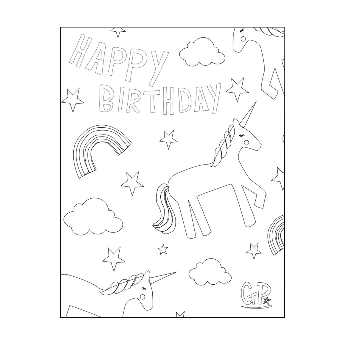 Unicorn birthday colouring page