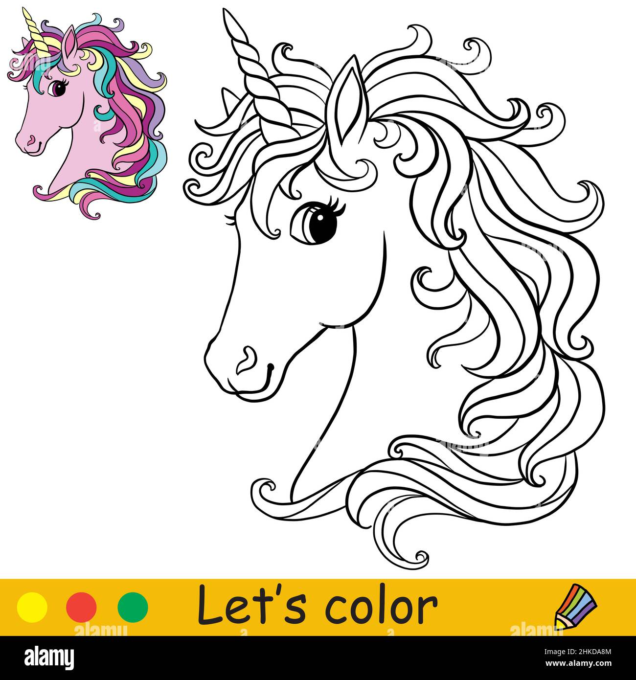 Cute pink unicorn head coloring book page with color template vector cartoon illustration for kids coloring card print design decor and puzzle stock vector image art