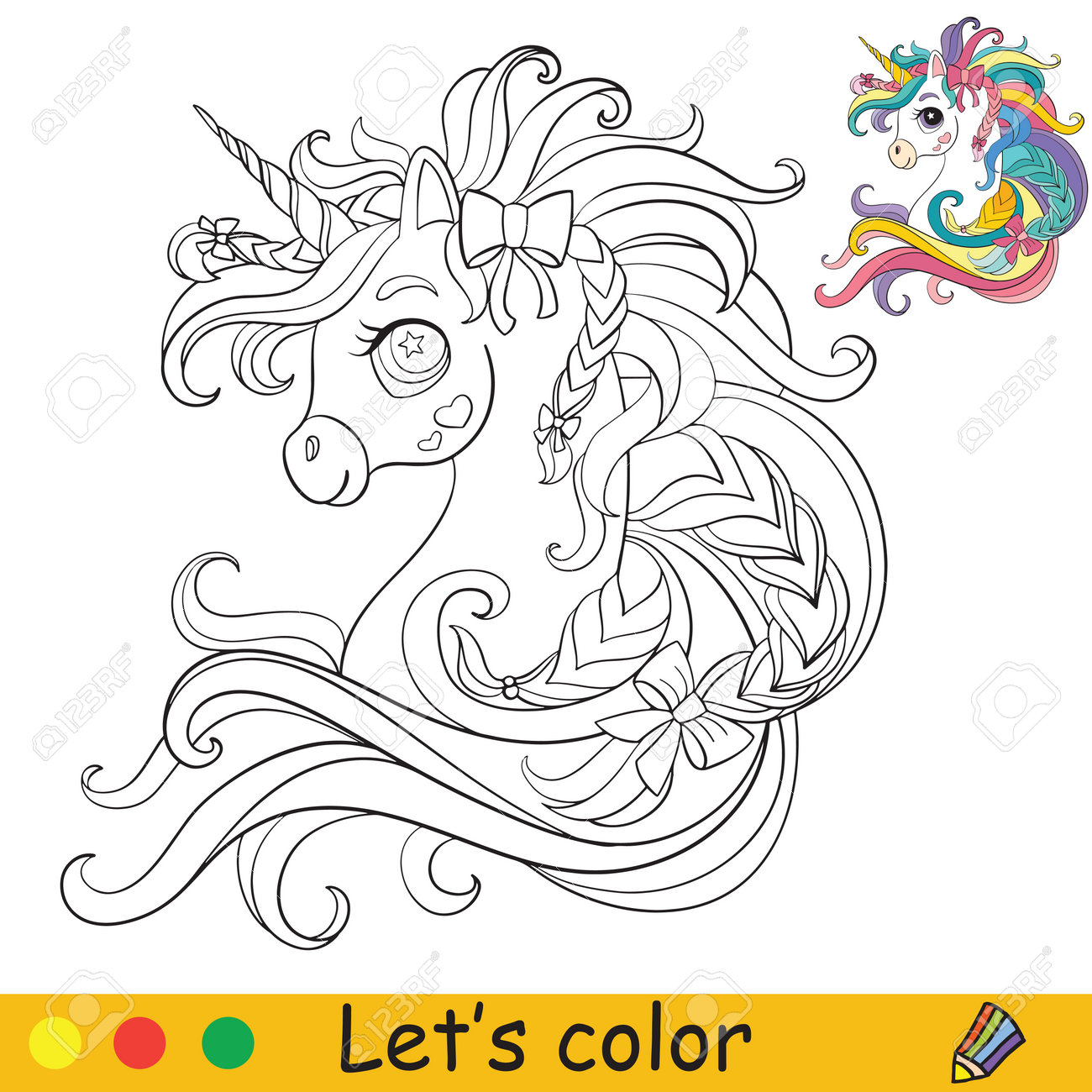 Cute unicorn head with long mane and ribbons coloring book page with colorful template vector cartoon illustration isolated on white background for coloring book preschool education print and game royalty free svg