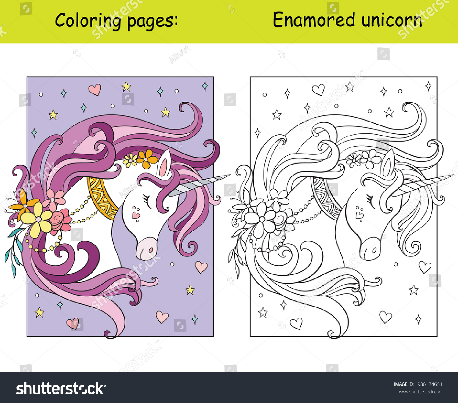 Beauty unicorn head stars flowers coloring stock vector royalty free