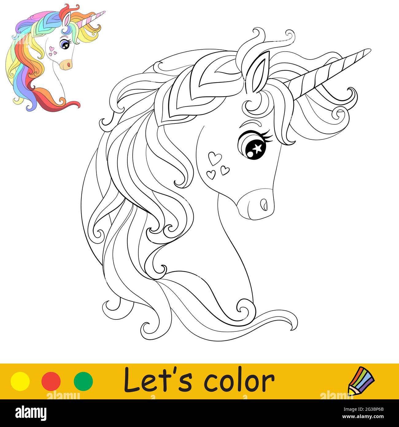 Head of cartoon cute unicorn with long rainbow mane in profile coloring book page with colorful template for kids vector isolated illustration for stock vector image art