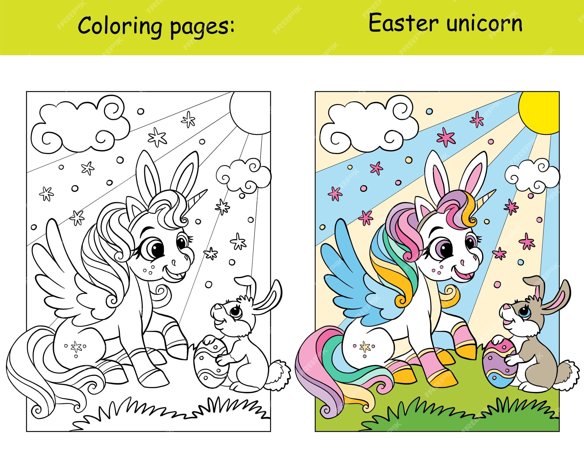 Premium vector cute unicorn head with rainbow mane in the sky with stars coloring book page with color template vector cartoon illustration for kids coloring card print design decor and puzzle