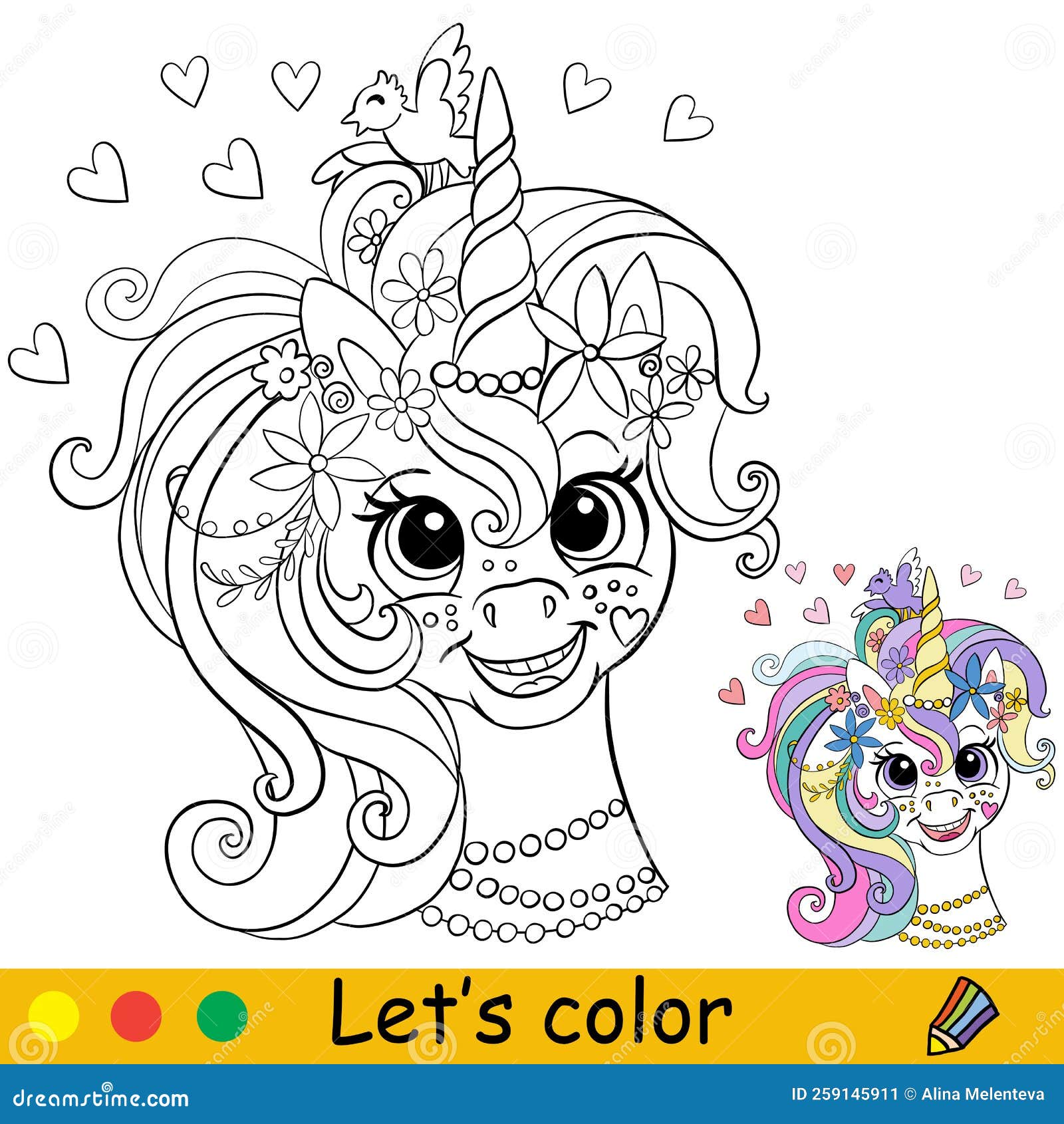Cartoon girl unicorn head with jewels coloring book page vector stock vector