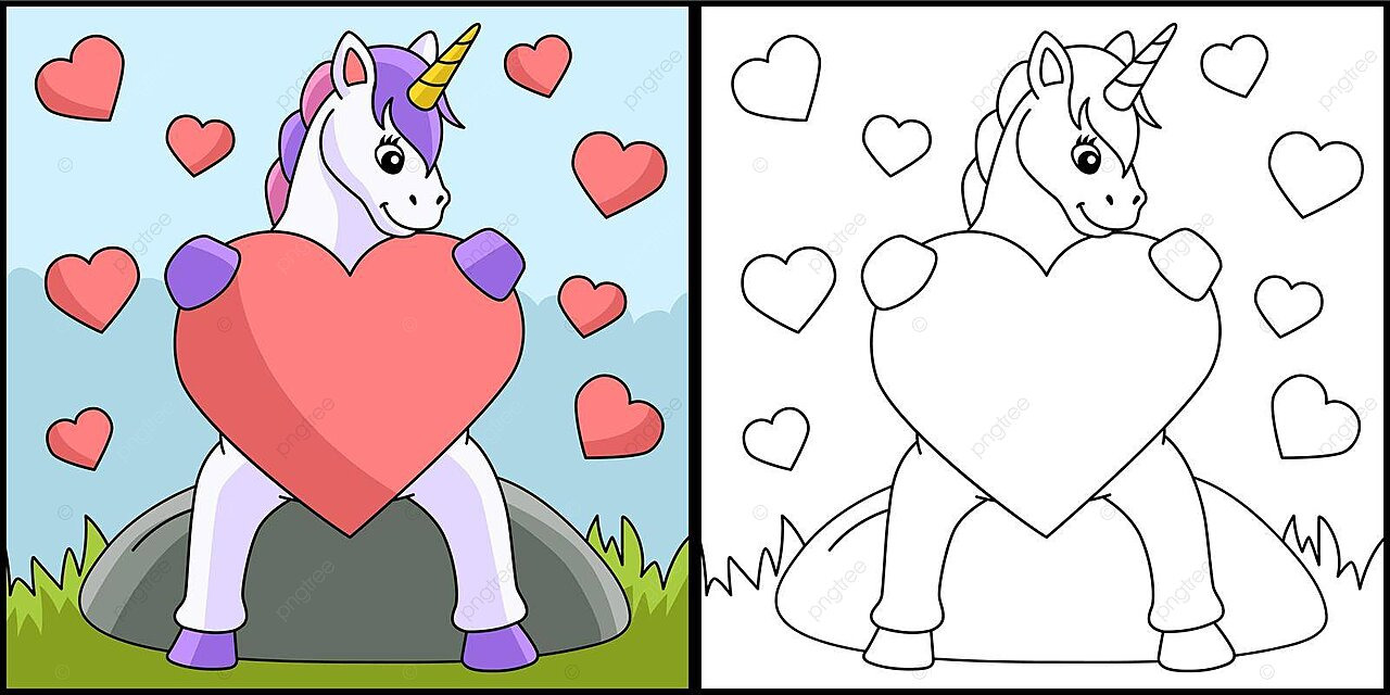 Unicorn hugging a heart coloring page animal isolated coloring page vector heart drawing animal drawing unicorn drawing png and vector with transparent background for free download