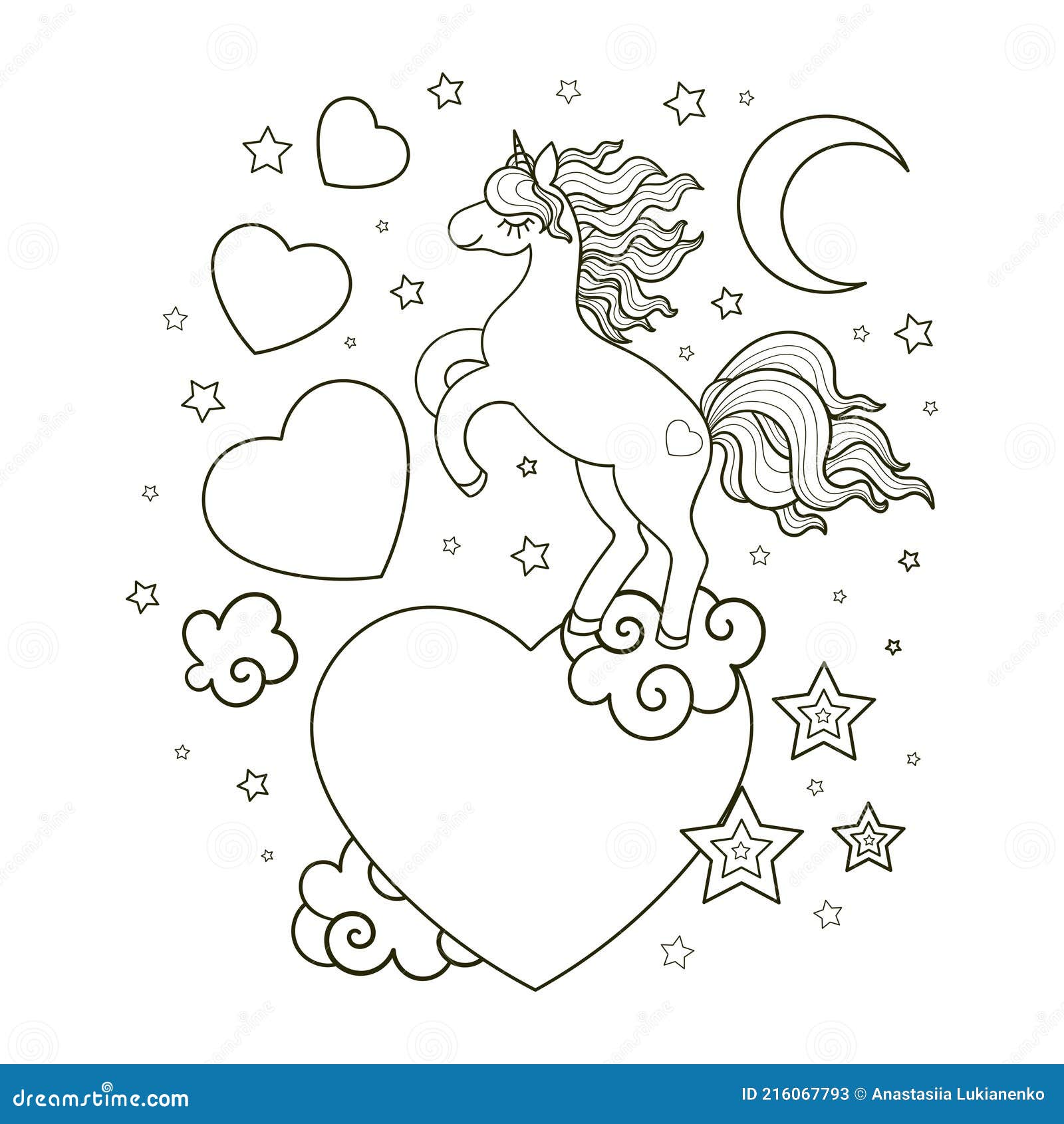 Unicorn and heart linear black and white drawing for coloring vector stock vector