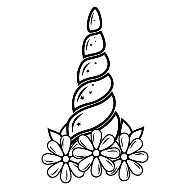 Unicorn horn decorated black contour coloring vector isolated illustration in doodle style stock illustration