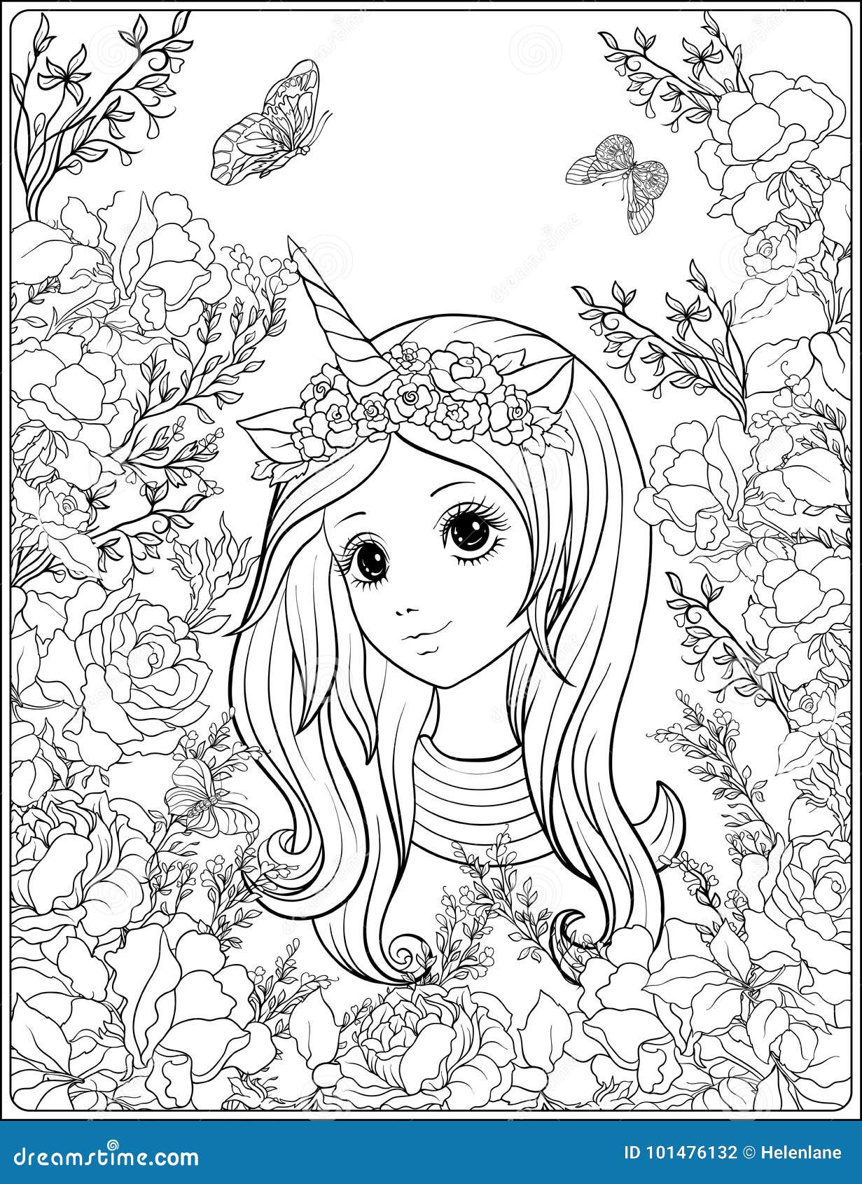 Young nice girl in a cap with a unicorn horn in the garden of ro stock vector
