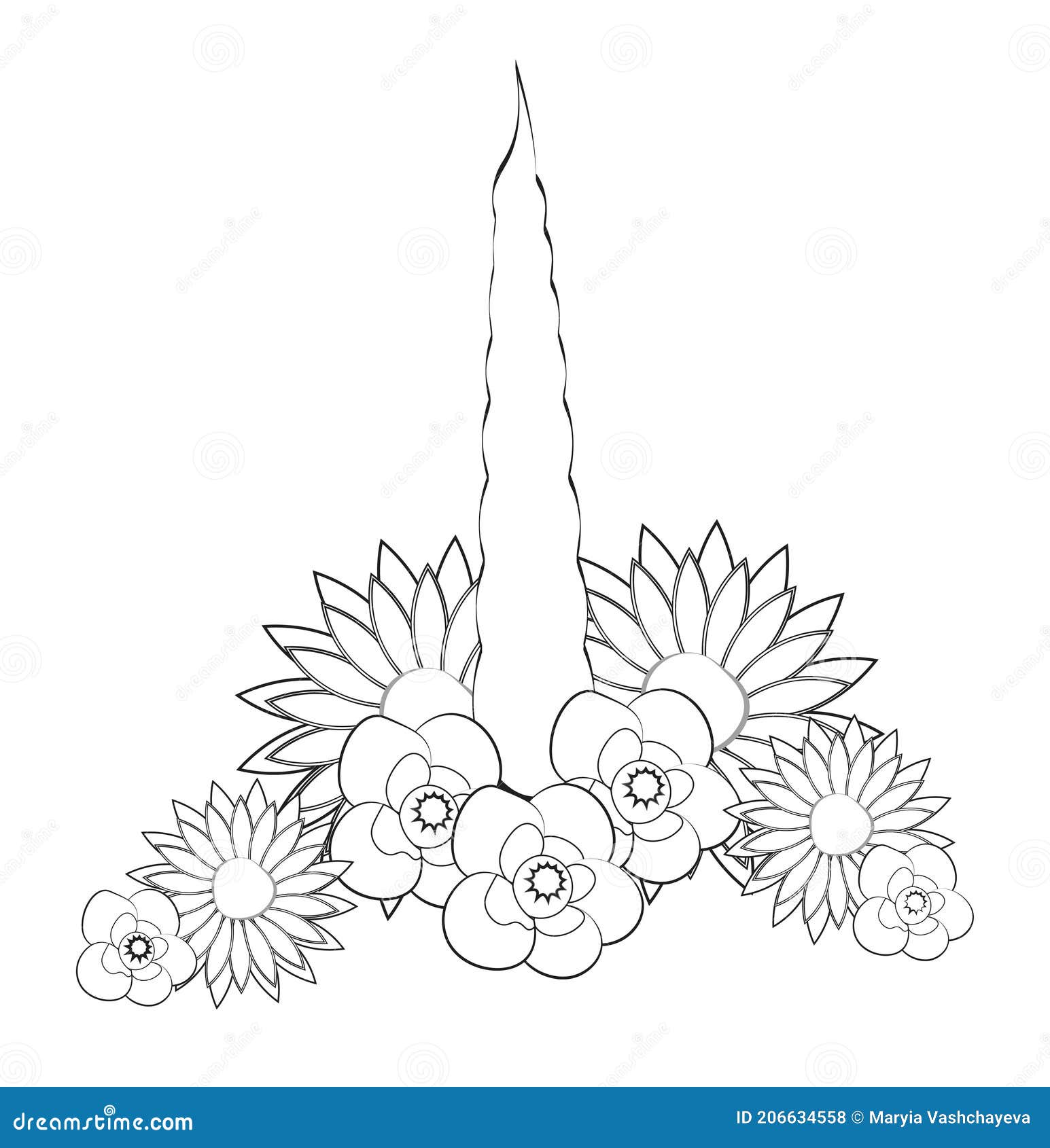 Unicorn horn in flowers coloring book stock vector