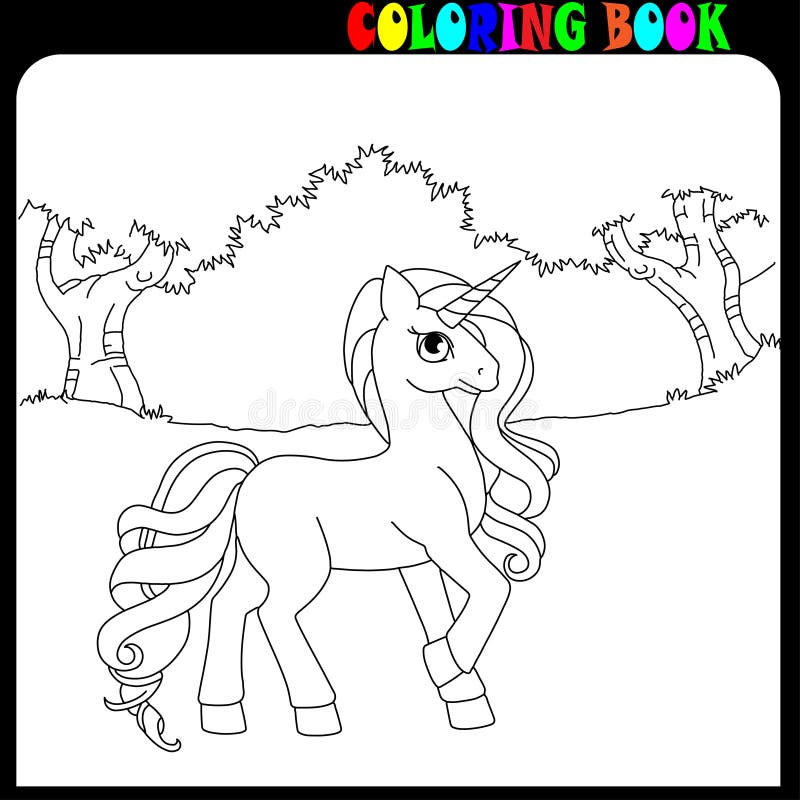Coloring book unicorn horse or pony theme in the garden or forest stock vector