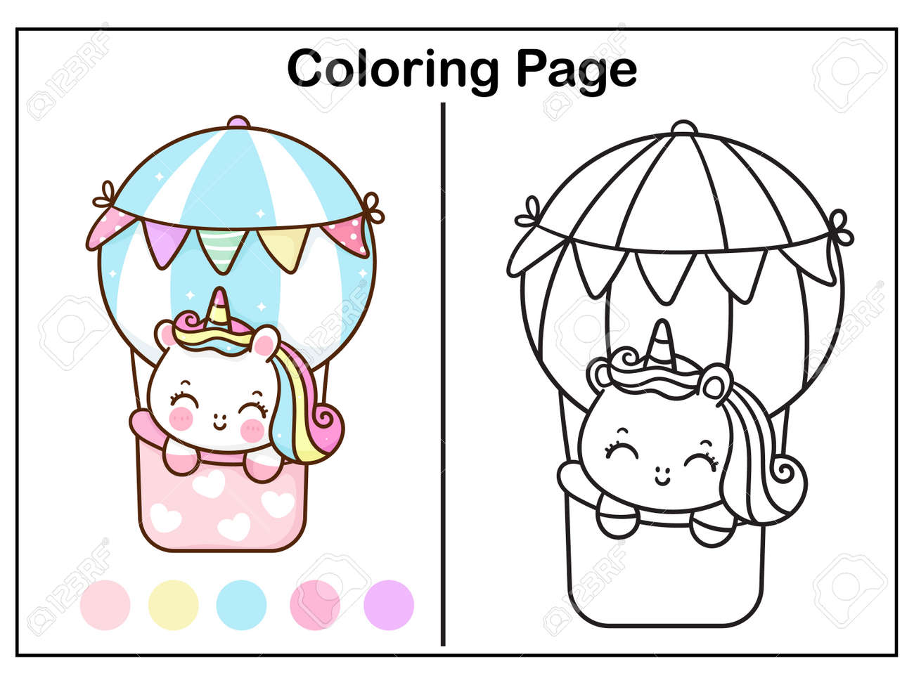 Coloring book pages cute unicorn cartoon in pastel balloon girl kawaii vector animal horn horse fairytale illustration series worksheet pony child girly doodle illustration kid activity royalty free svg cliparts vectors and