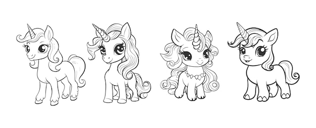 Premium vector cute pony unicorn cartoon line art coloring page for kids baby hourse animal coloring book illustration