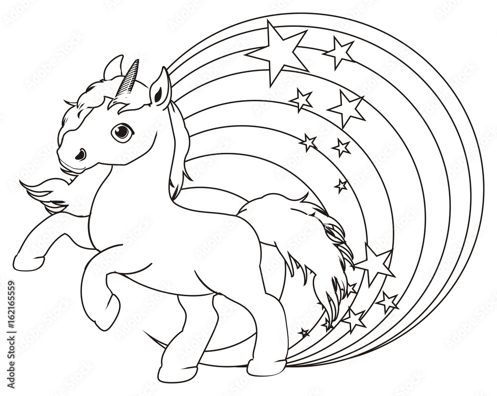 Horse animal cartoon stallion hooves neigh toy unicorn horn stars wings magic fairy tale fiction fantasy magic rainbow coloring illustration