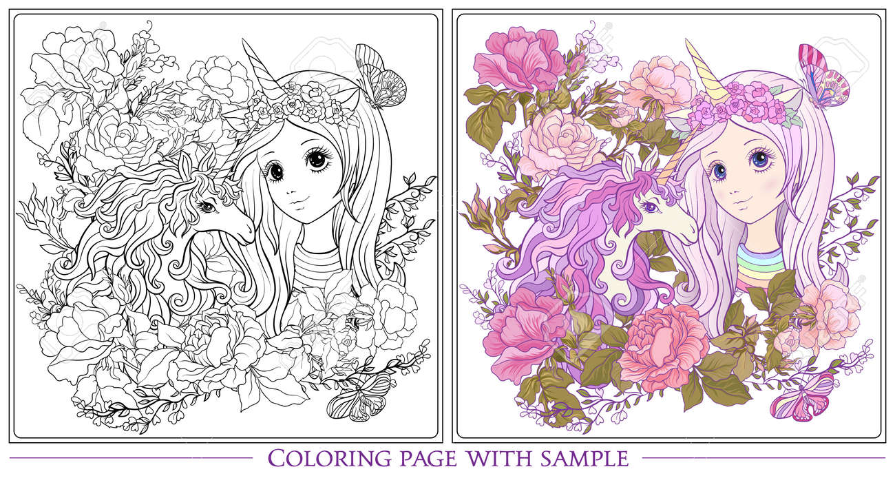 Unicorn and young nice girl with long hear in unicorn horn hat the garden of roses outline drawing coloring page with colored sample coloring book for adult stock vector royalty free svg