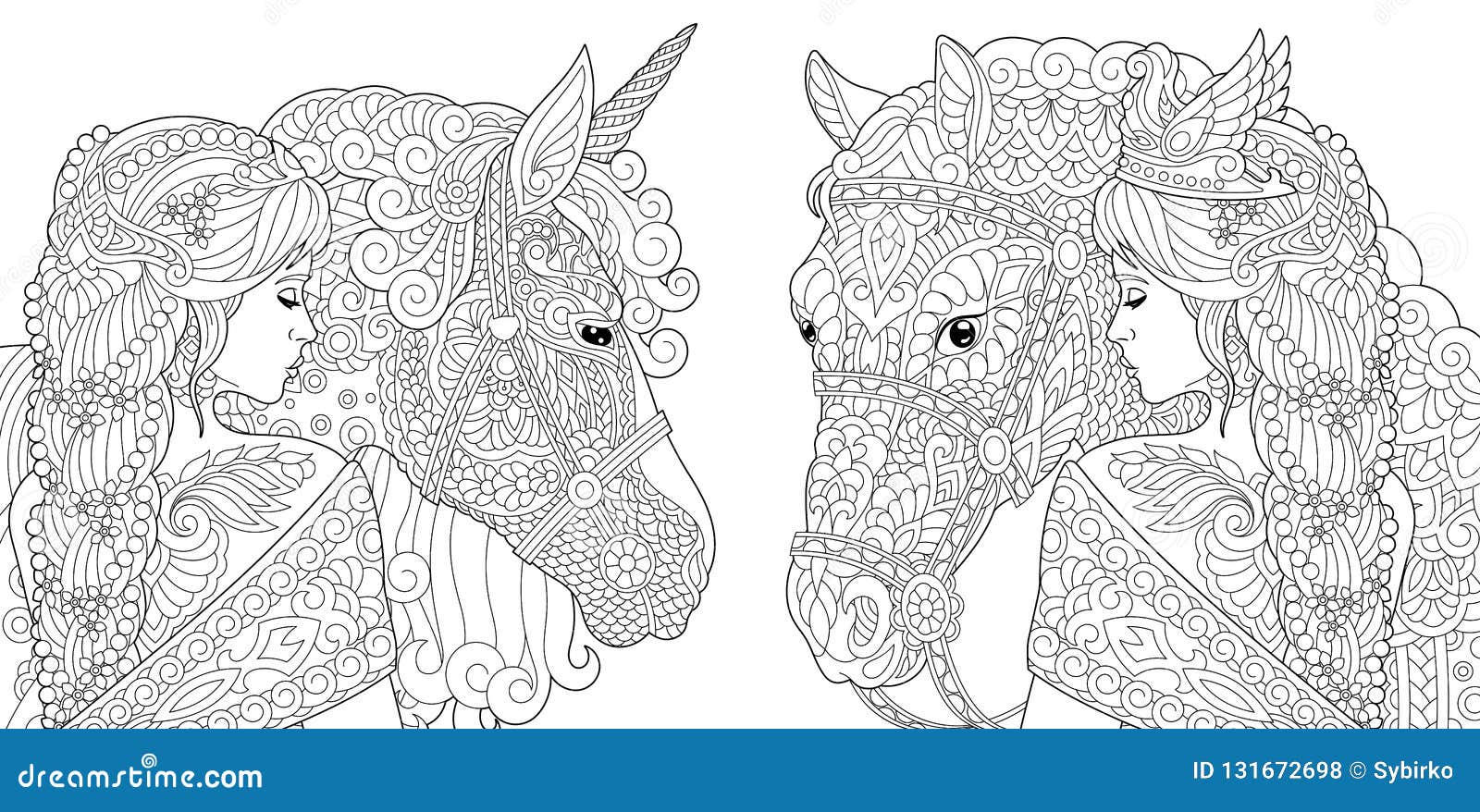 Coloring pages coloring book for adults colouring pictures with fantasy girl and unicorn horse drawn in zentangle style stock vector