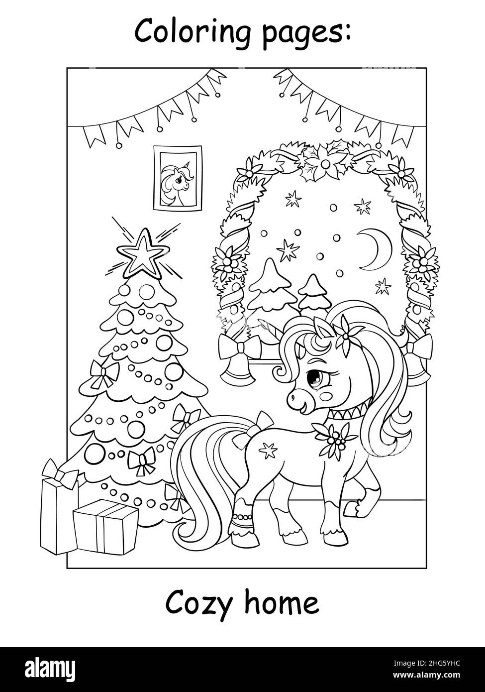 Cute and funny unicorn in a cozy house with a christmas tree coloring book page for children vector cartoon illustration for coloring books pages stock vector image art