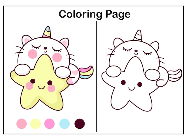 Premium vector cute unicorn cat coloring and star kawaii worksheet cartoon