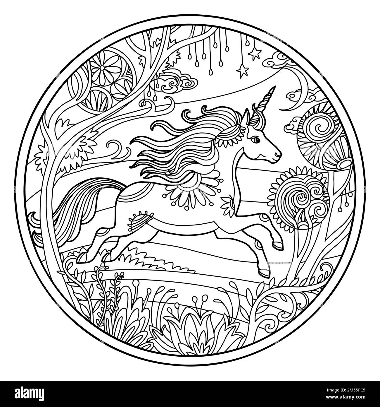 Unicorn mandala black and white stock photos images
