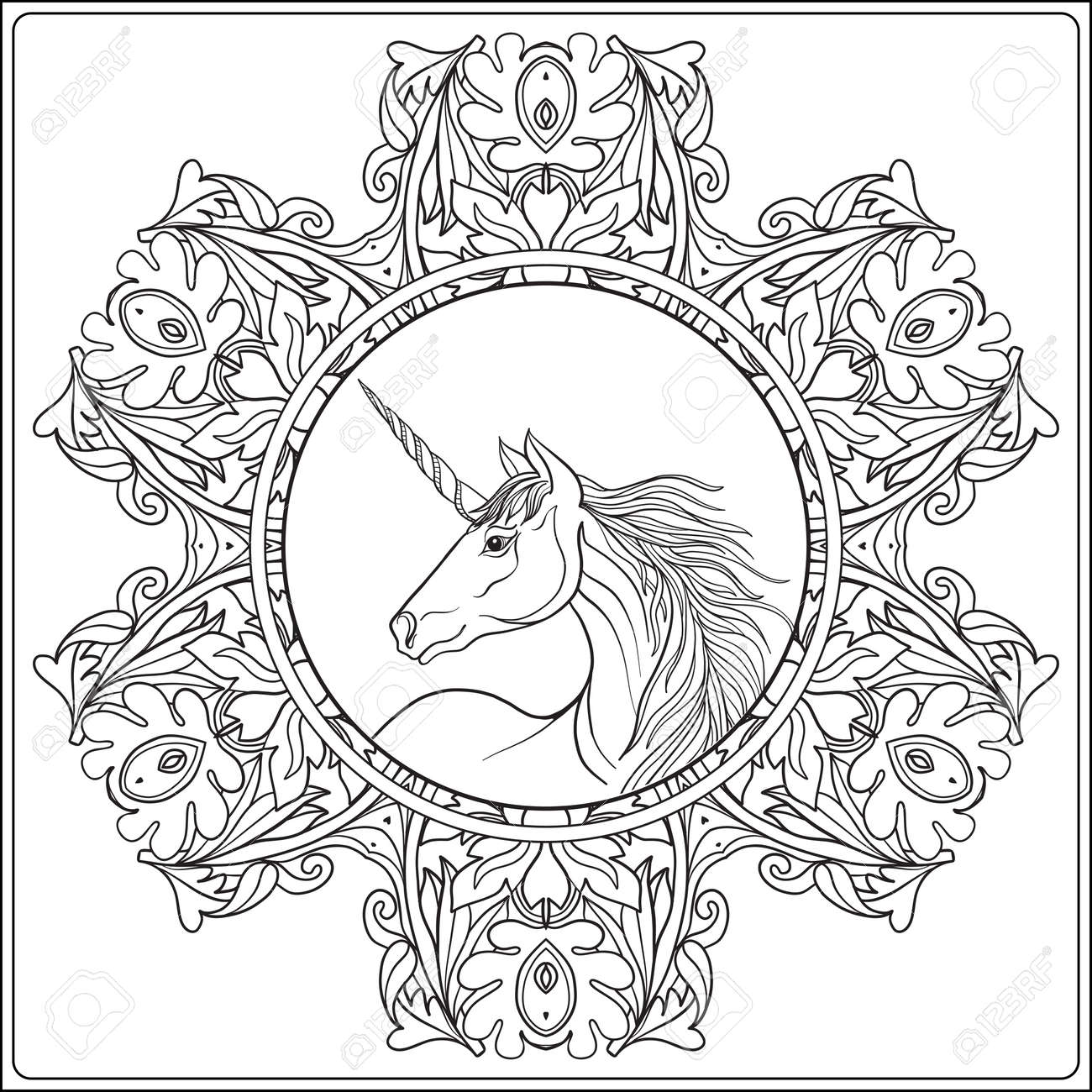 Unicorn in vintage decorative floral mandala frame vector illustration coloring book for adult and older children outline drawing coloring page royalty free svg cliparts vectors and stock illustration image