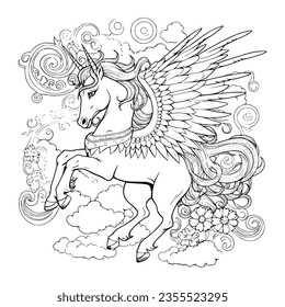 Beautiful unicorn pegasus coloring pages kids stock vector royalty free