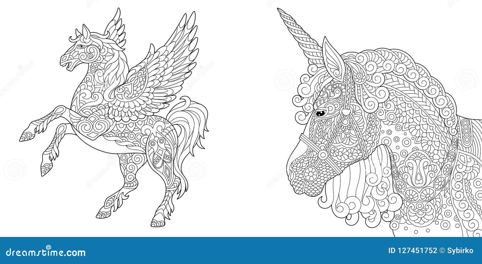 Coloring pages with unicorn and pegasus stock vector