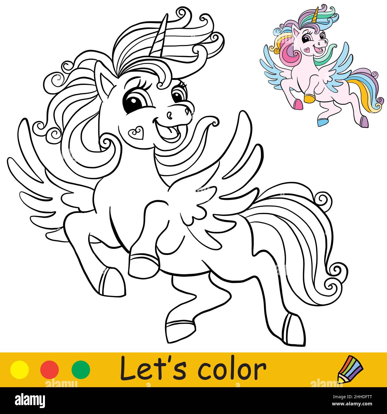 Cute flying unicorn princess coloring book page with color template vector cartoon illustration for kids coloring card print design decor and p stock vector image art