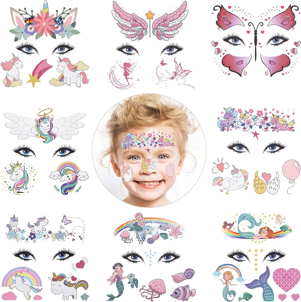 Howaf unicorn mermaid butterfly face tattoos kit for kids sheets fake temporary face paint tattoos for kids boys girls party bag filler birthday party supplies favors halloween makeup skin