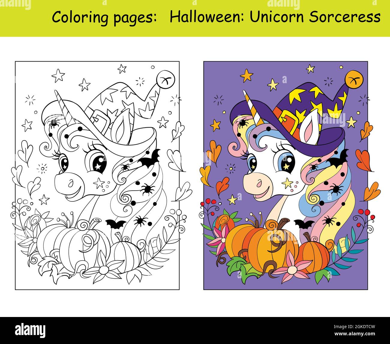 Cute unicorn in a witches hat surrounded by pumpkins and flowers halloween concept coloring for children with colorful template vector cartoon illu stock vector image art