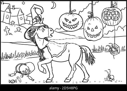 Funny unicorn and halloween pumpkins for coloring coloring page for horse lovers stock photo