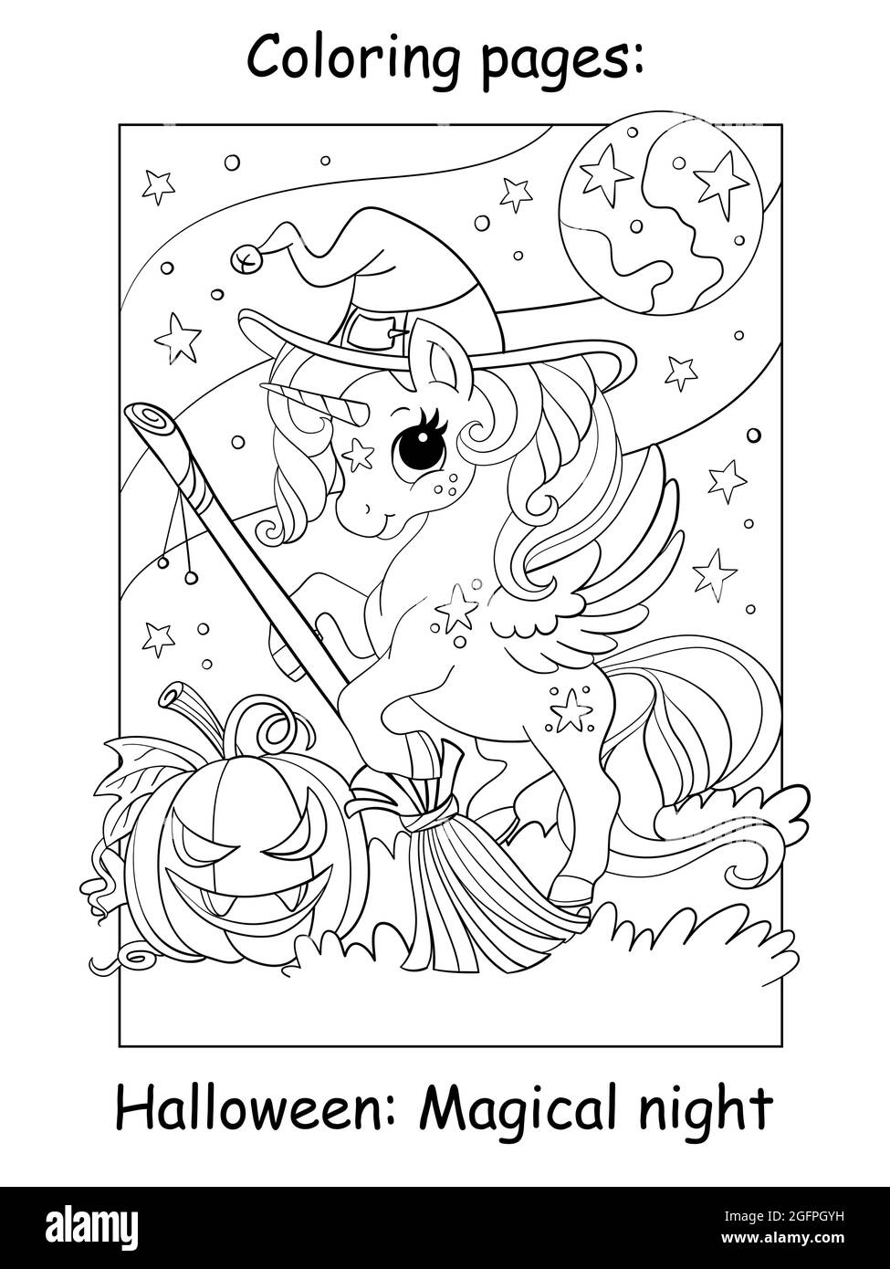 Cute unicorn in a witch hat with a broom and a pumpkin halloween concept coloring book page for children vector cartoon illustration for coloring stock vector image art