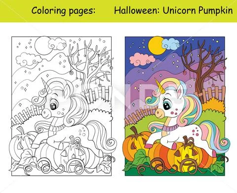Coloring and colorful cute unicorn lies on pumpkins royalty free