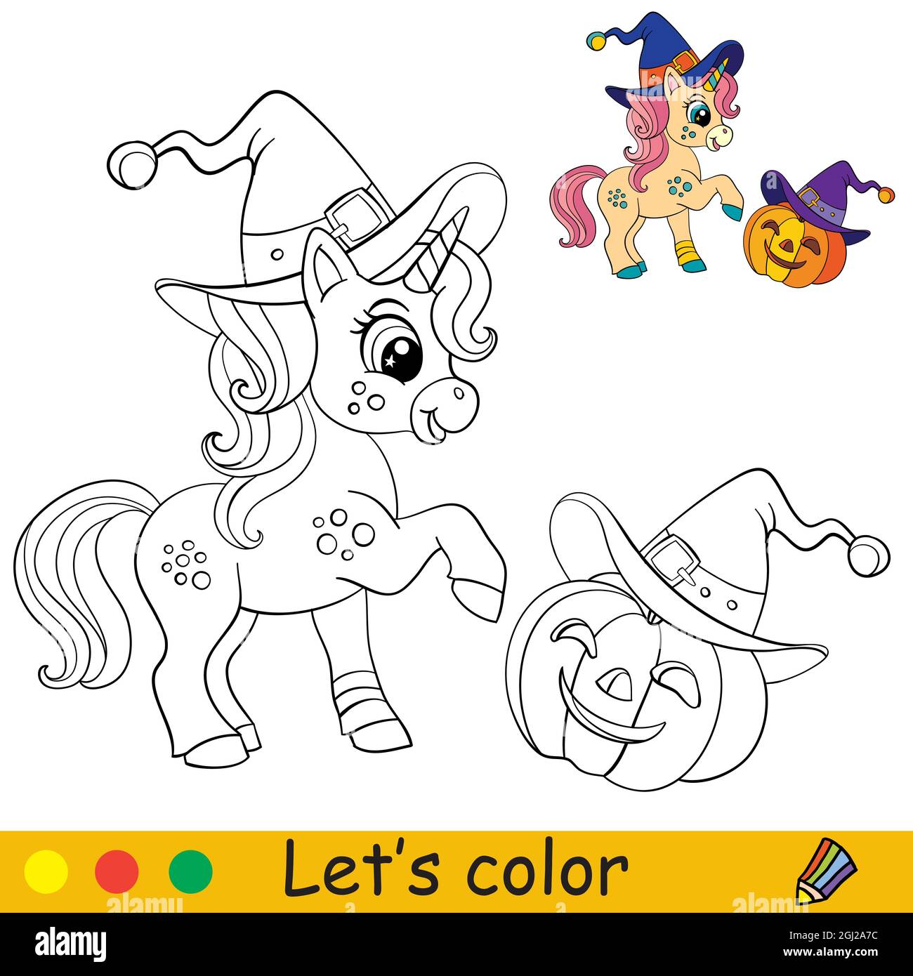 Cute unicorn witch and pumpkin in witches hats halloween concept coloring book page for children vector cartoon illustration for coloring book ed stock vector image art