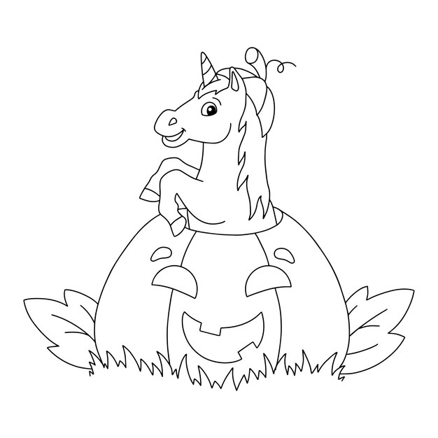 Premium vector funny unicorn jumping out of a pumpkin for halloween holiday coloring book page for kids cartoon style character vector illustration isolated on white background