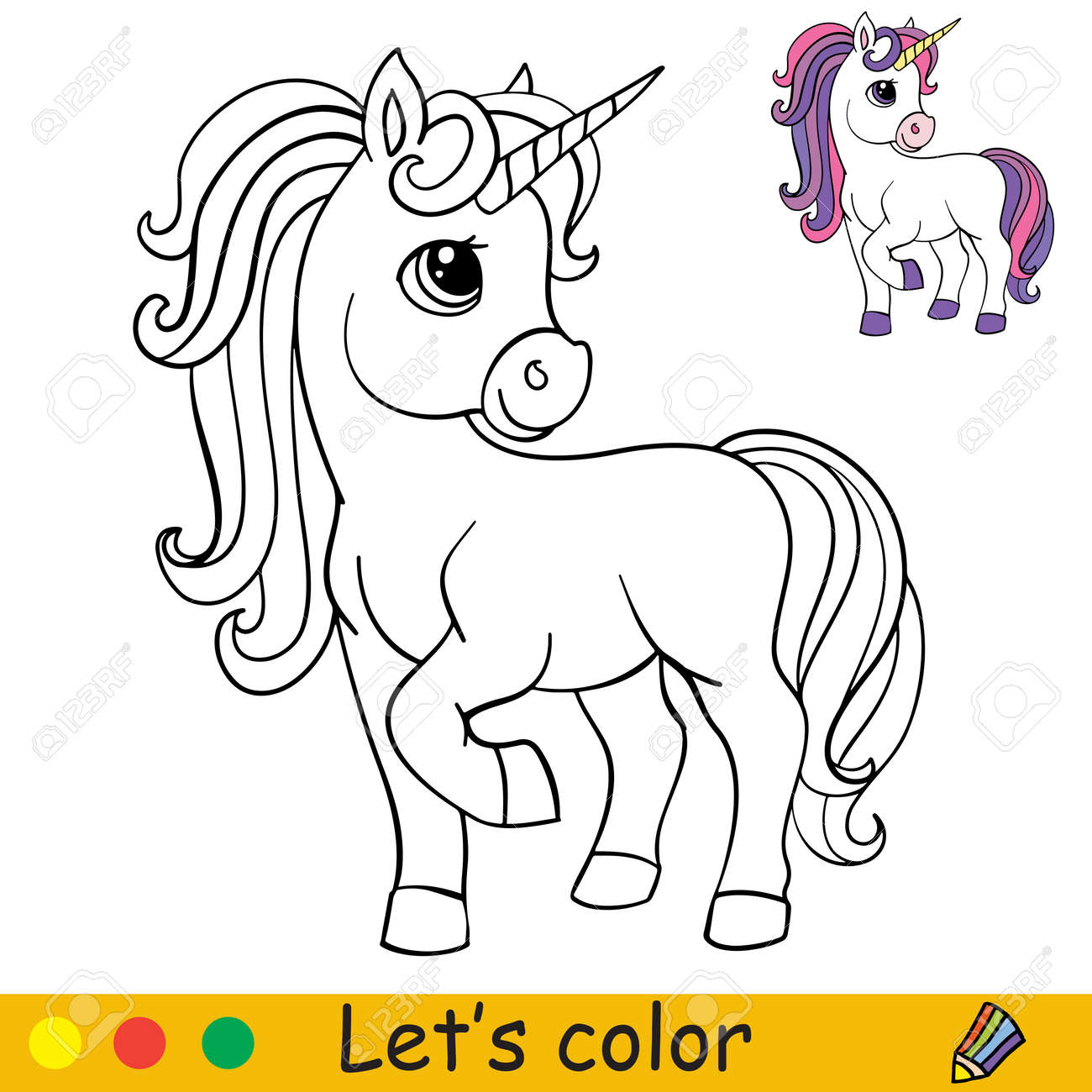 Cute standing cartoon unicorn coloring book page with colorful template vector cartoon isolated illustration for coloring book education print game party baby shower design decor and apparel royalty free svg cliparts vectors