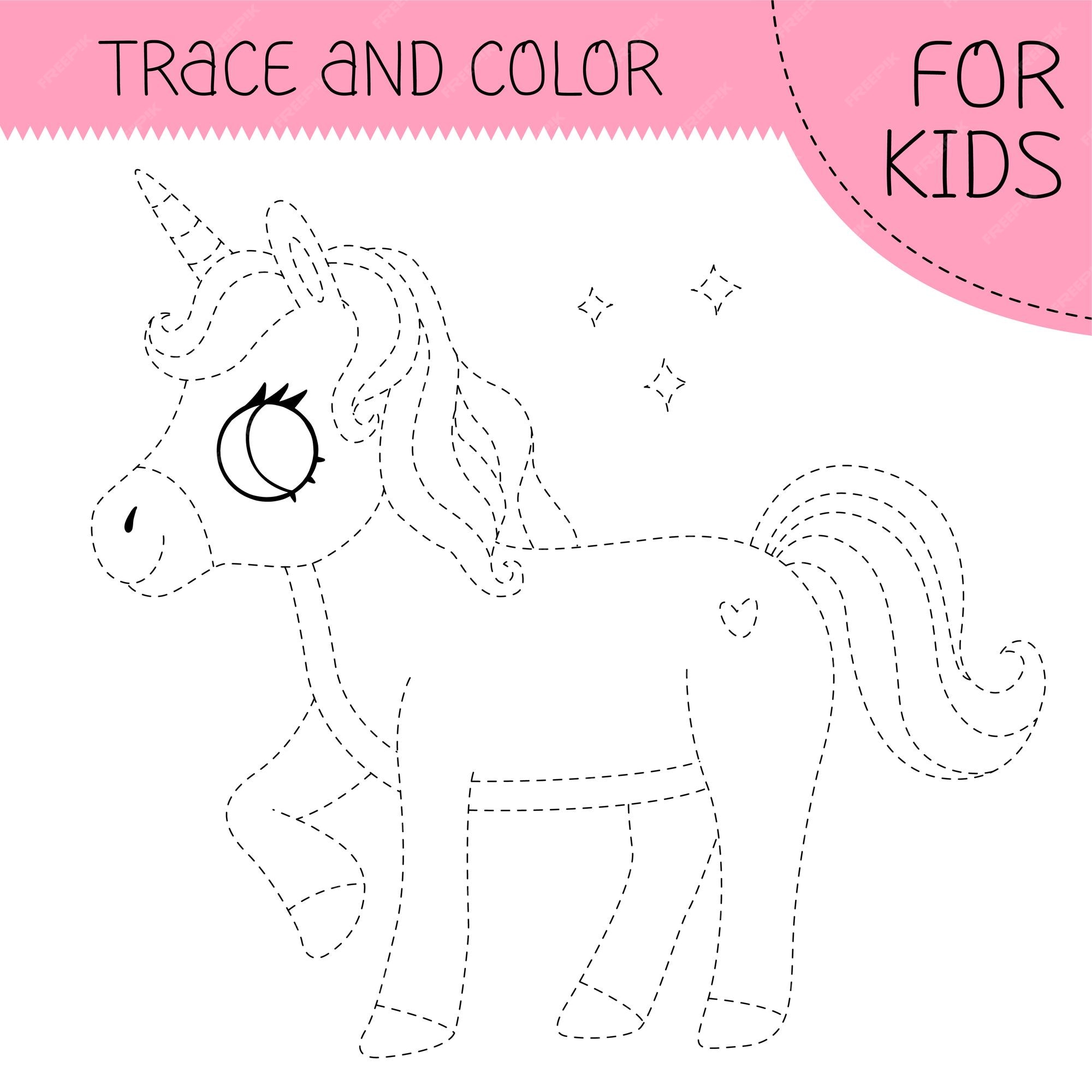 Premium vector trace and color coloring book with unicorn for kids coloring page with cute cartoon unicorn