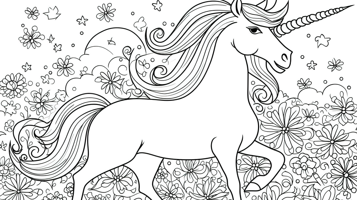 An unicorn coloring page in the middle of a colorful field background coloring picture of a unicorn colorful rainbow background image and wallpaper for free download